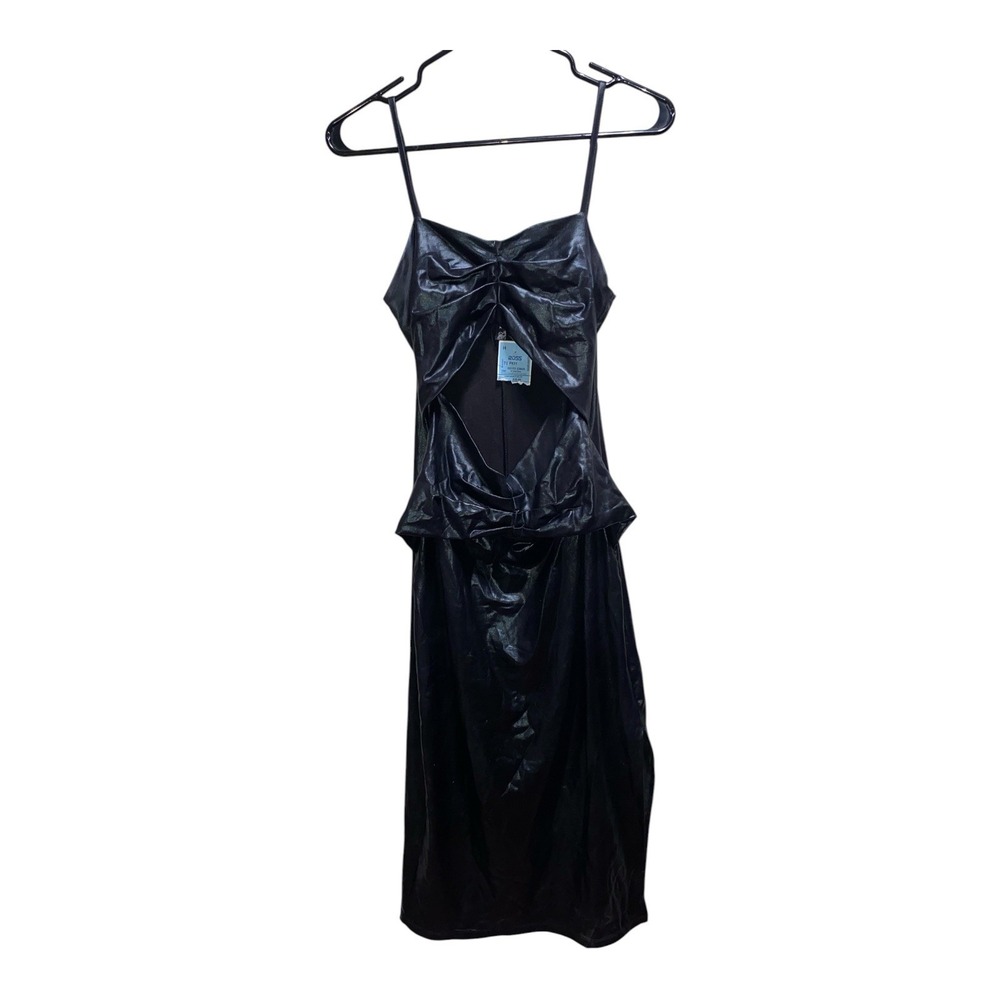 Luna Chics Black Faux Leather Cutout‎ Ruched Midi Dress Womens Large Goth Party